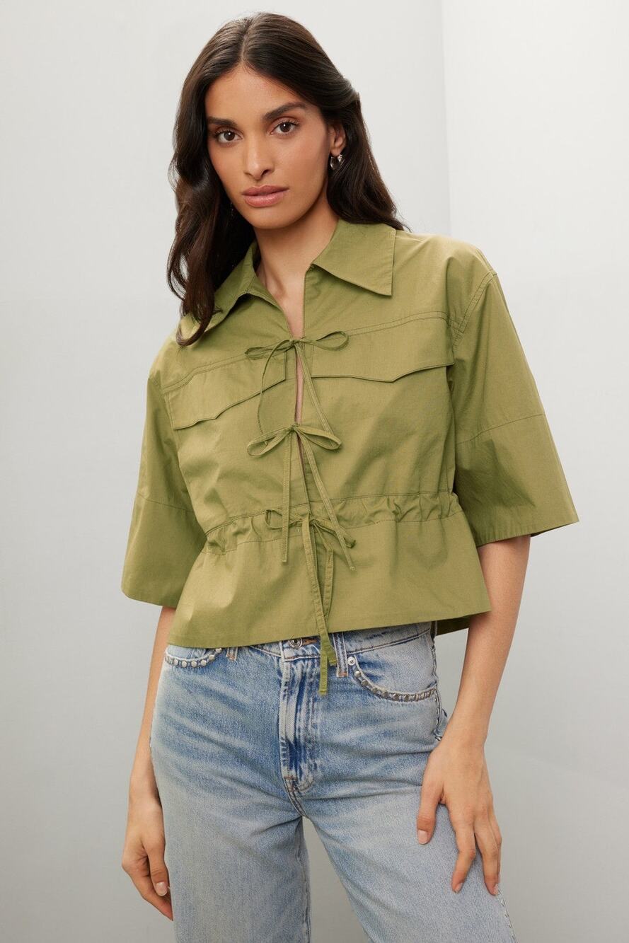 SEA NEW YORK Army Green Collar Short Sleeve Tie Down Middle Peplum Hem Top 2